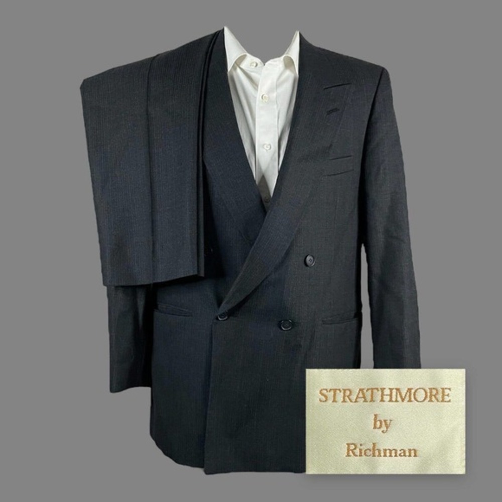 Vintage Strathmore 2 Piece Suit Mens 42R 34x28‎ Gray Stripe Double Breasted